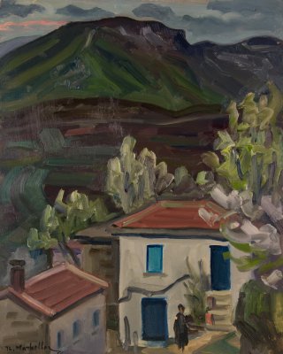 Zagora, Spring, Houses, Tree, Mountains — Oil painting, Fiberboard, 40.00×50.00cm — Theodoros Markellos